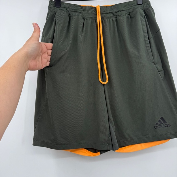 Adidas Shorts Men Medium Green Orange Climalite Basketball Running Activewear - Picture 2 of 12